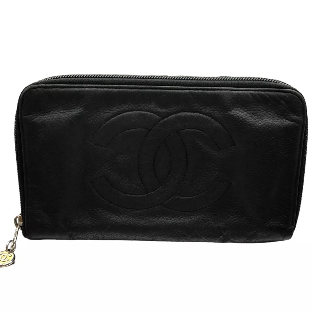 CHANEL Wallet Long wallet Caviar skin Black Coco mark Authentic
